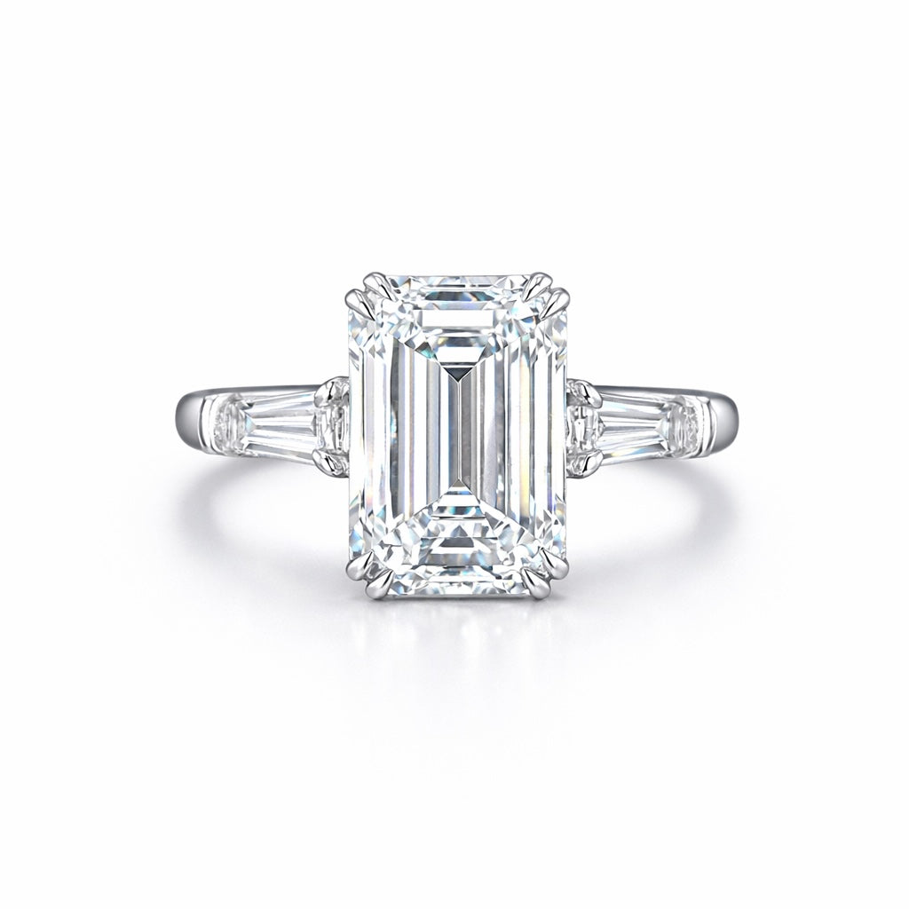 Emerald Cut Diamond Ring with Trapezoid Side Stones – 18K White Gold