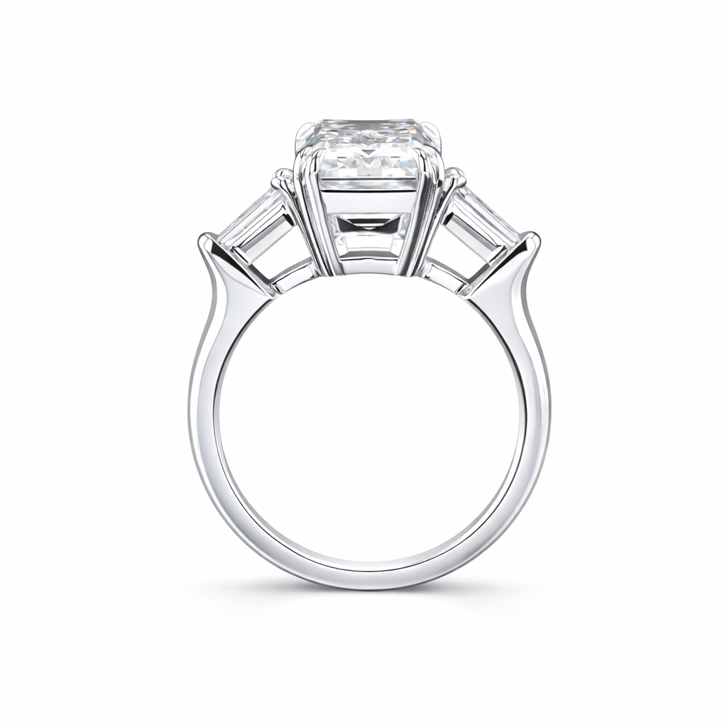 Emerald Cut Diamond Ring with Trapezoid Side Stones – 18K White Gold
